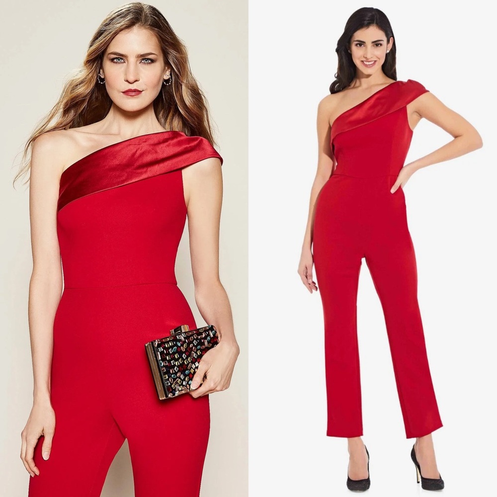 ADRIANNA PAPELL Cherry Red Crepe One Shoulder Satin Neck Sleeveless Jumpsuit 8